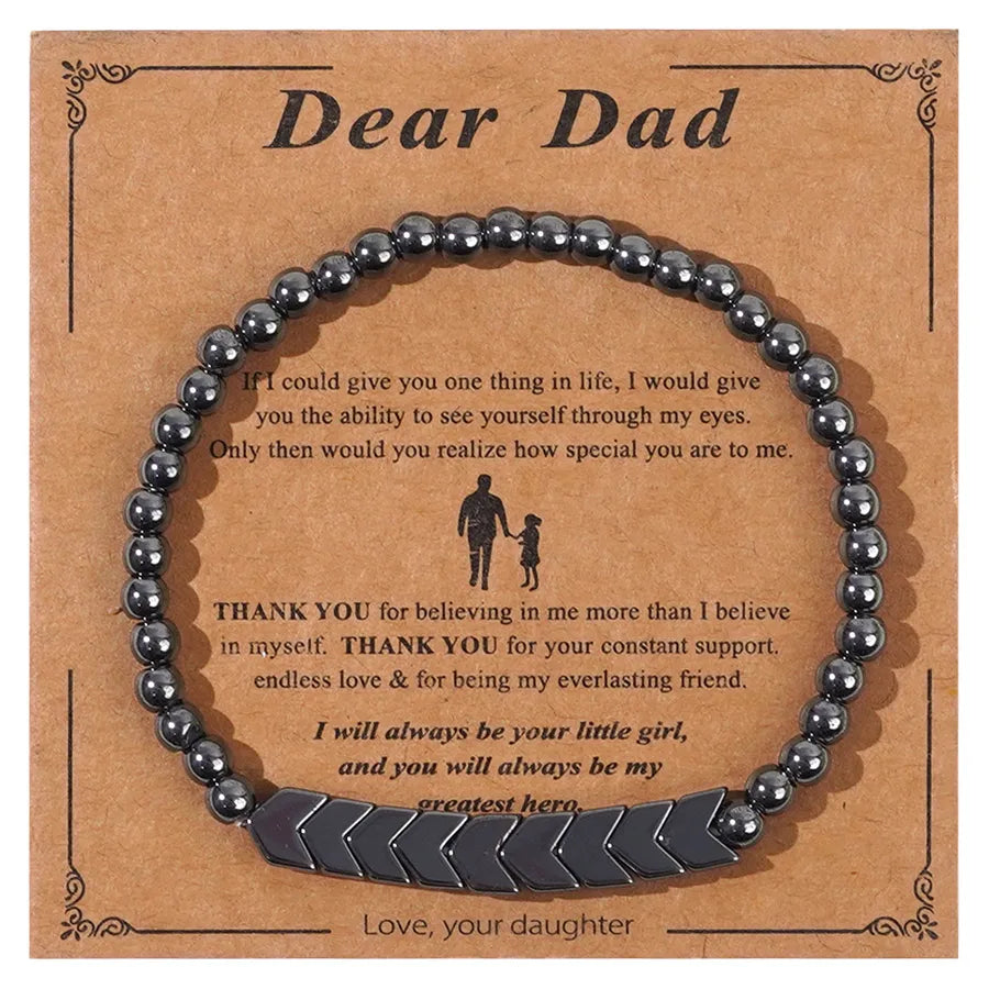 Factory  in Stock Simple  round Beads Gun Color Arrow Iron Stone Men's Bracelet Father's Day Greeting Card Gift