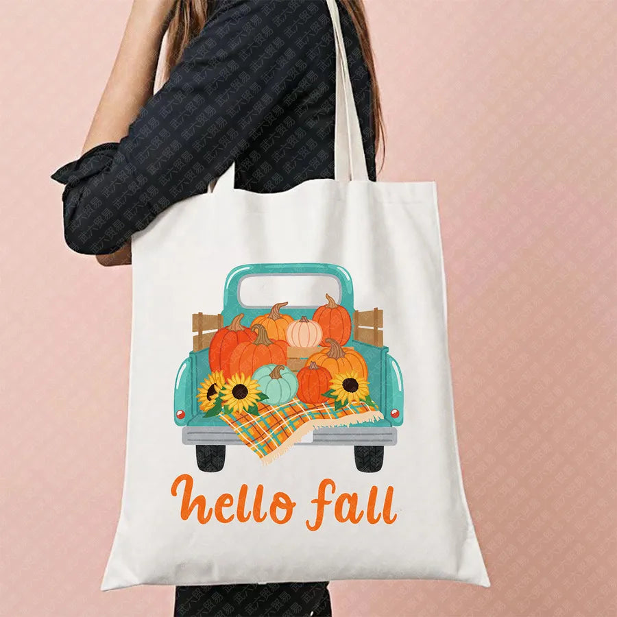 Halloween Movie Pattern Canvas Tote Bag Reusable Shopping Shoulder Bag Travel Large Square Printed Handbag Retro Style Women
