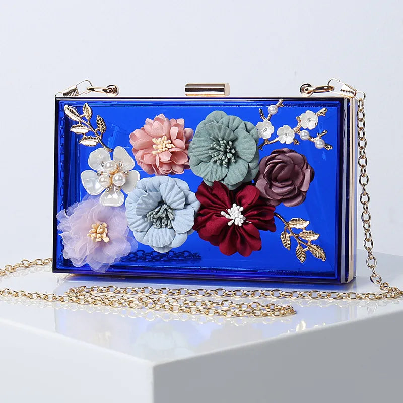 white blue black arylic flower square evening bags