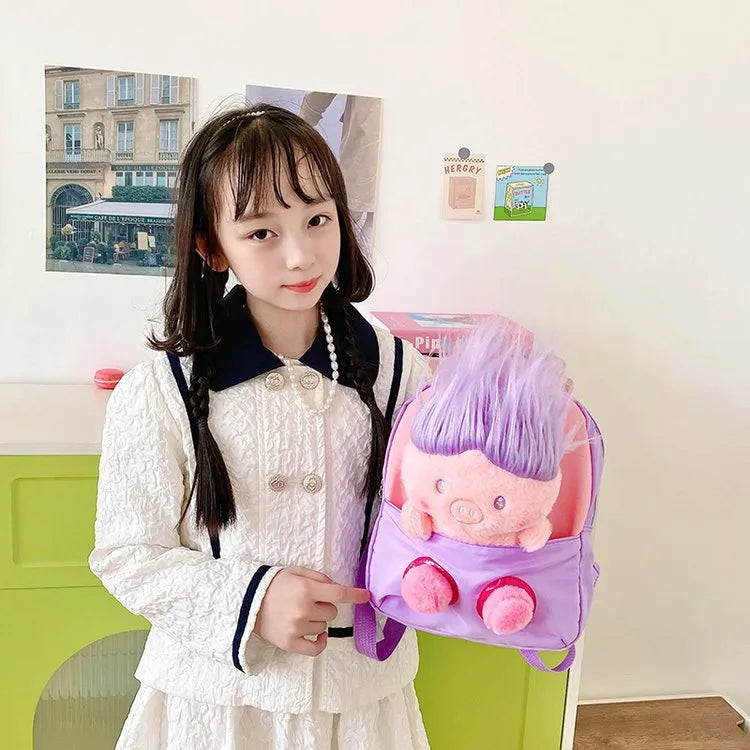 Kid'S Nylon Cartoon Color Block Cute Square Zipper Functional Backpack