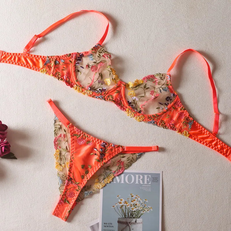 women's sexy flower sexy lingerie sets party embroidery underwire bra low waist thong sexy lingerie