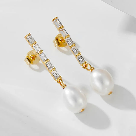 1 Pair 925 Sterling Silver Freshwater Pearl Zircon Geometric Solid Color Drop Earrings