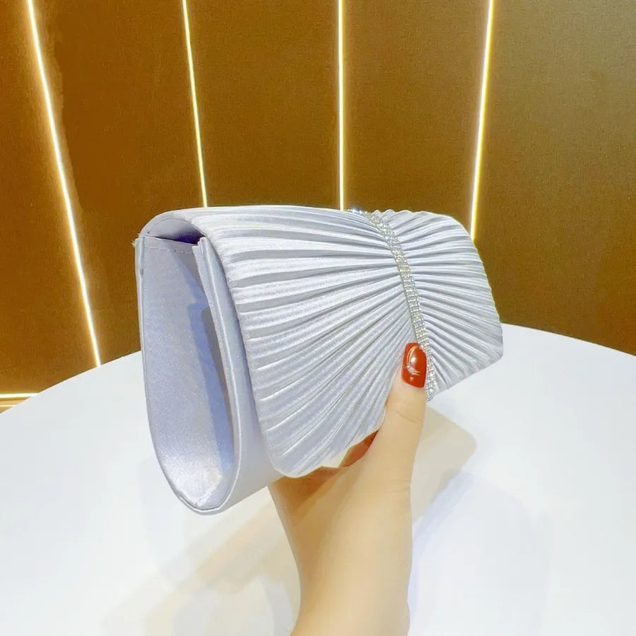 New Fashionable  Folded Evening Bag Surface Satin Handheld Diamond Encrusted Women's Crossbody Bag
