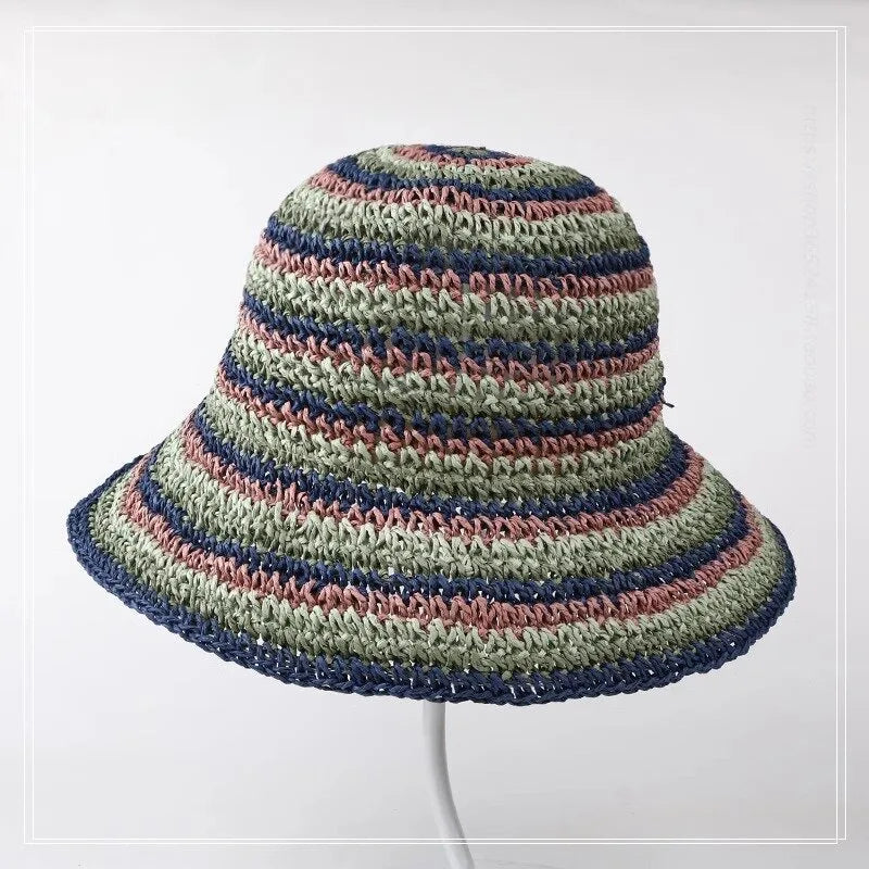 Women's Sweet Simple Style Color Block Wide Eaves Bucket Hat Straw Hat