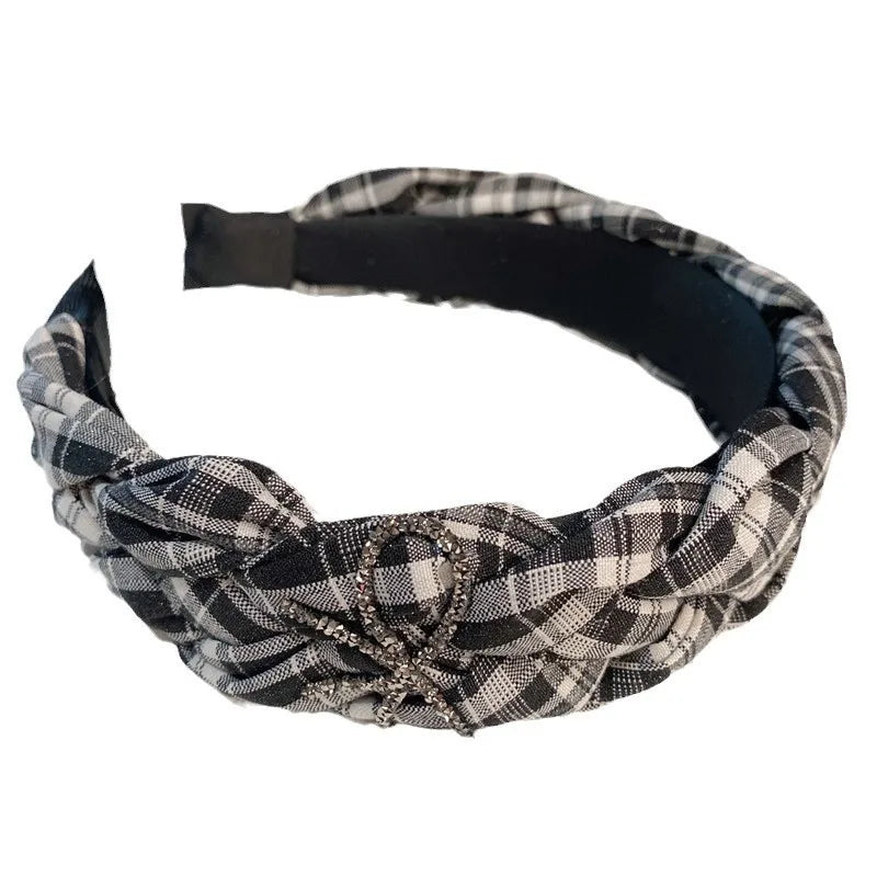 Comfortable Women's Hairband Twist Braid Design Vintage Style Black White Checkered With Water Diamond Butterfly Knot Top Accessory