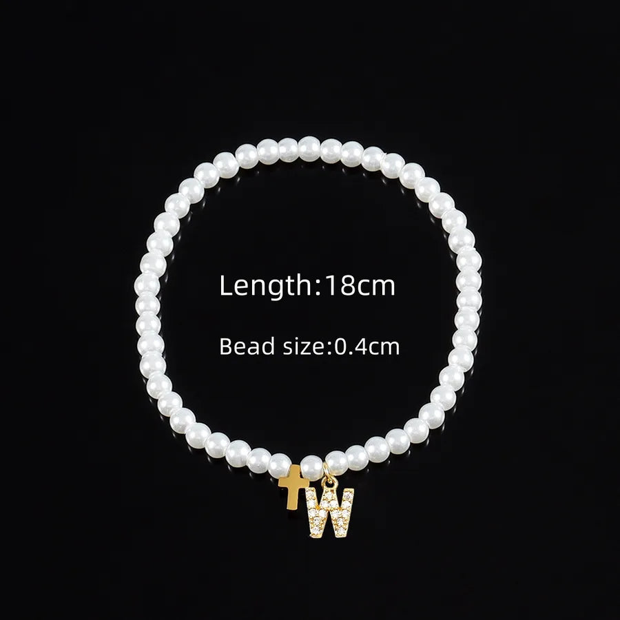 Elegant Vintage Style Classic Style Cross Letter 304 Stainless Steel Artificial Pearl Copper Beaded Chain Beaded Bracelets Wholesale