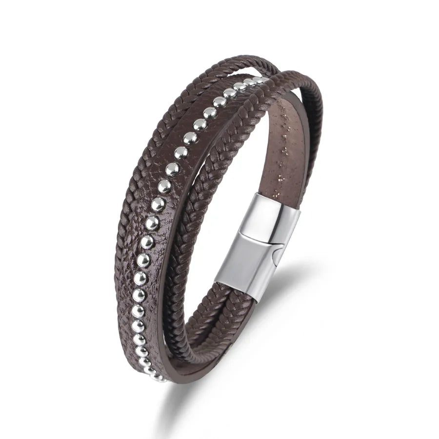 Retro Simple Style Geometric 304 Stainless Steel Pu Leather Layered Men's Bangle Men Cord & Leather Bracelets