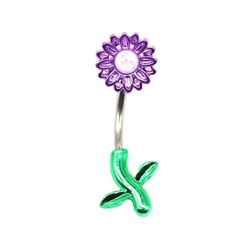 elegant sunflower maple leaf stainless steel alloy copper epoxy inlay rhinestones white gold plated gold plated belly ring