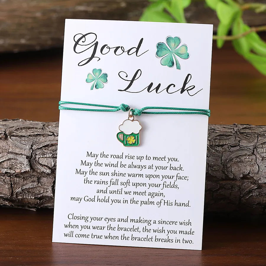 Retro Simple Style Shamrock Green Beer Alloy Woven Chain String Bracelets Wholesale