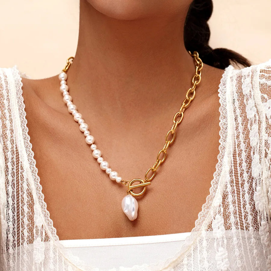 Baroque Style Modern Style Geometric Artificial Pearl Titanium Steel Beaded Chain Paperclip Chain OT Clasp Toggle Clasp Closure Beaded Necklaces Wholesale