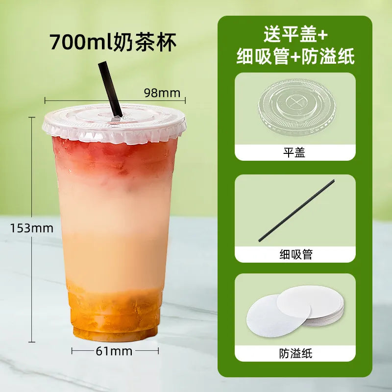 in stock wholesale disposable cup milk tea batch with lid thickened transparent plastic cup stall store packing cup