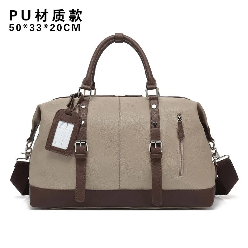 Canvas Travel Bag Men's Imitation Leather PU Outdoor Luggage Travel Fitness Photography Bag Large Capacity Handbag