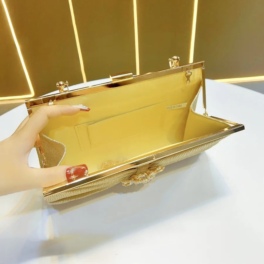 Elegant Dinner Party Handbag Shoulder Bag Polyester Square Shape Mobile Phone Wallet Folded Design Chain Diamond Embellished