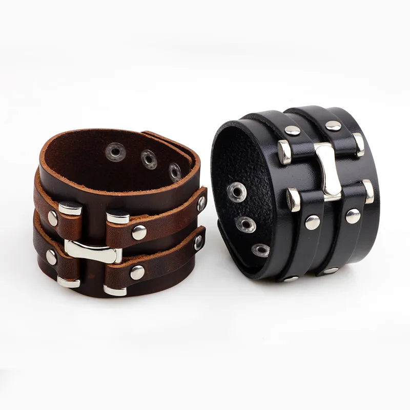 1 piece punk letter solid color alloy leather polishing men's wristband
