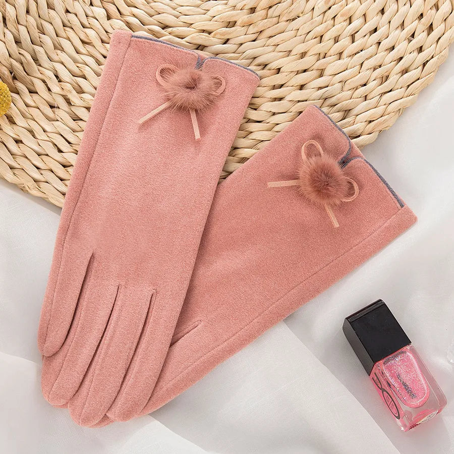 Fashionable Warm Ladies' Velvet Touchscreen Gloves Cute Ball Driving Outdoor Cycling Cold Proof Winter Hand Warmers