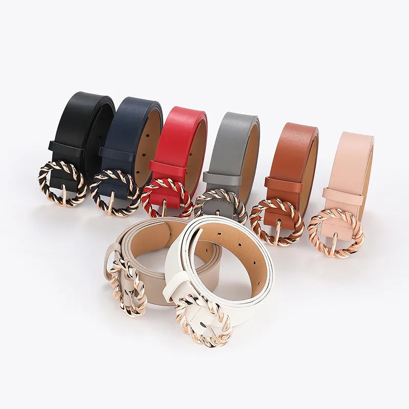 retro round solid color pu leather alloy women's leather belts