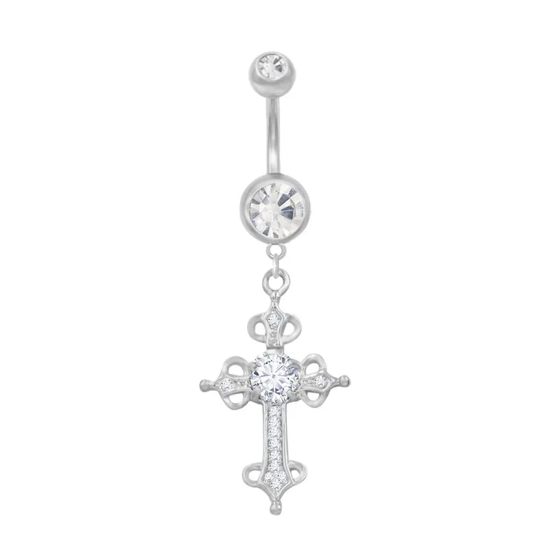 1 Piece Belly Rings Hip-Hop Rock Cross Alloy Plating Inlay Acrylic Rhinestones White Gold Plated