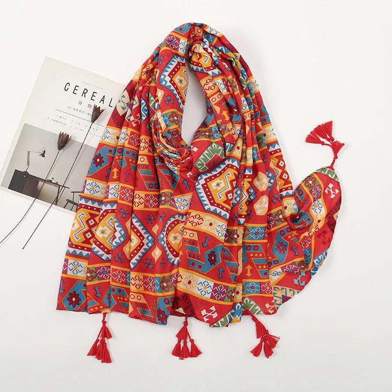 women's retro color block polyester printing scarf