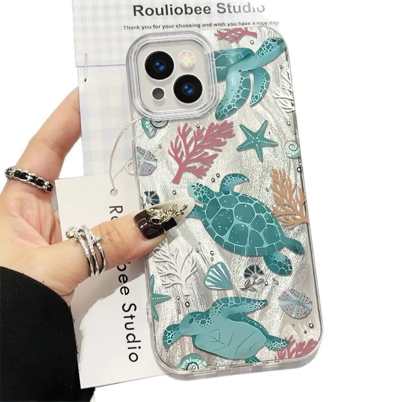 Blue Green Turtle Starfish Phone Case Compatible With Apple 16promax 15Plus 14 Personalized 13 12 Sets Cute Frosted PC Shell