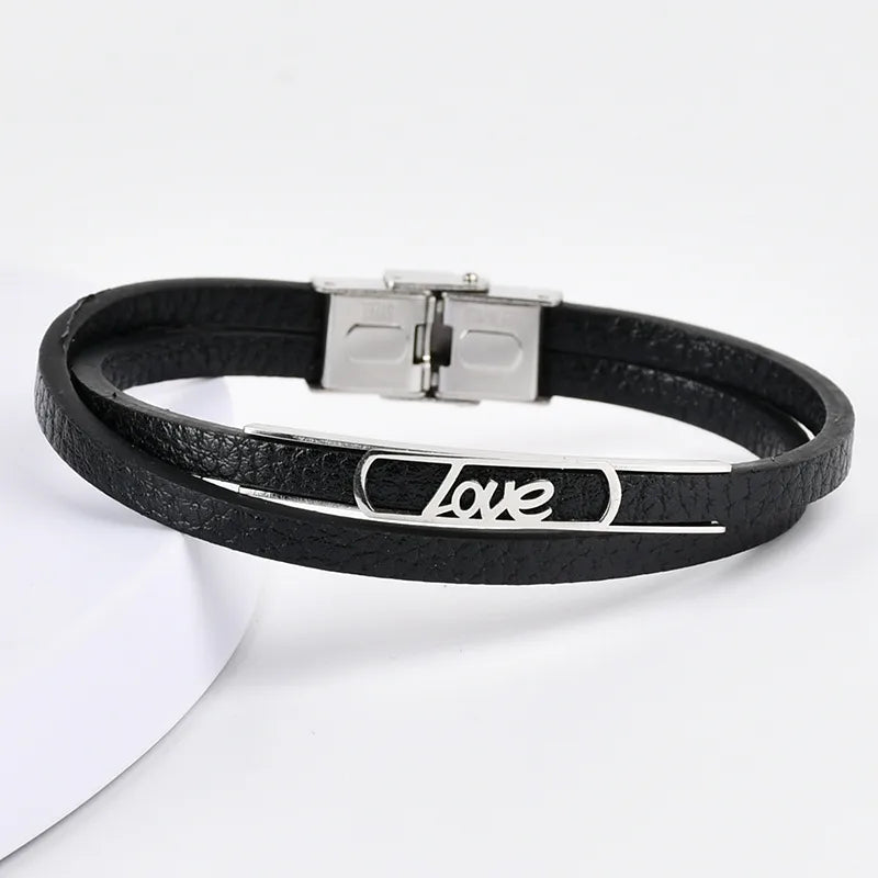 Retro Punk Geometric 201 Stainless Steel Pu Leather Men's wristband Men Cord & Leather Bracelets