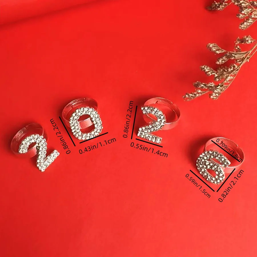 Trendy Personalized Full Diamond 2026 Number Ring Set Adjustable Open Water Diamond Rings Women's Fashionable Letter Design