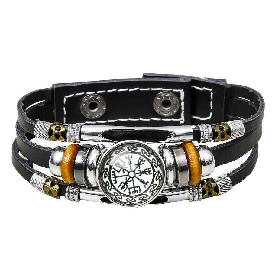 Hot Sale Viking Pirate Compass Pattern Leather Bracelet   Retro Multi-Layer Beaded Bracelet