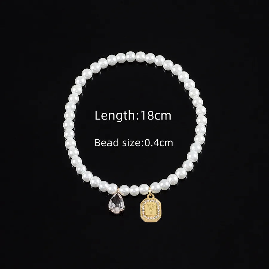Elegant Vintage Style Classic Style Letter Water Droplets Rectangle Artificial Crystal Artificial Pearl Copper Beaded Chain Beaded Bracelets Wholesale