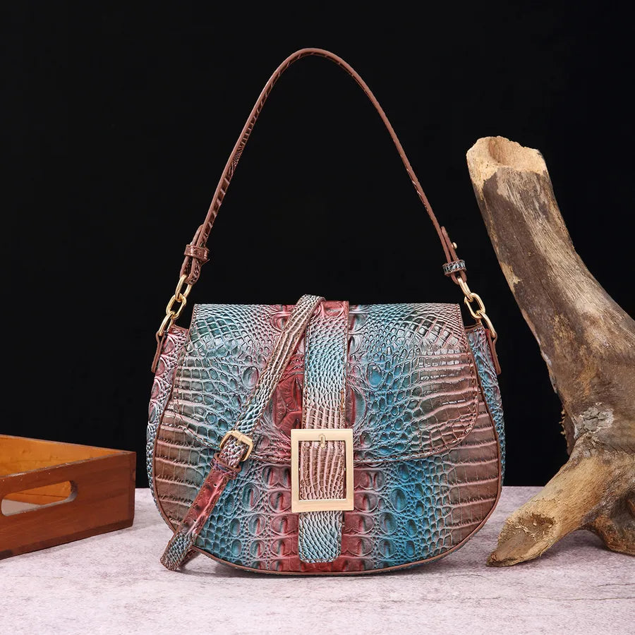 Women's Medium Pu Leather Crocodile Elegant Vintage Style Oval Buckle Crossbody Bag