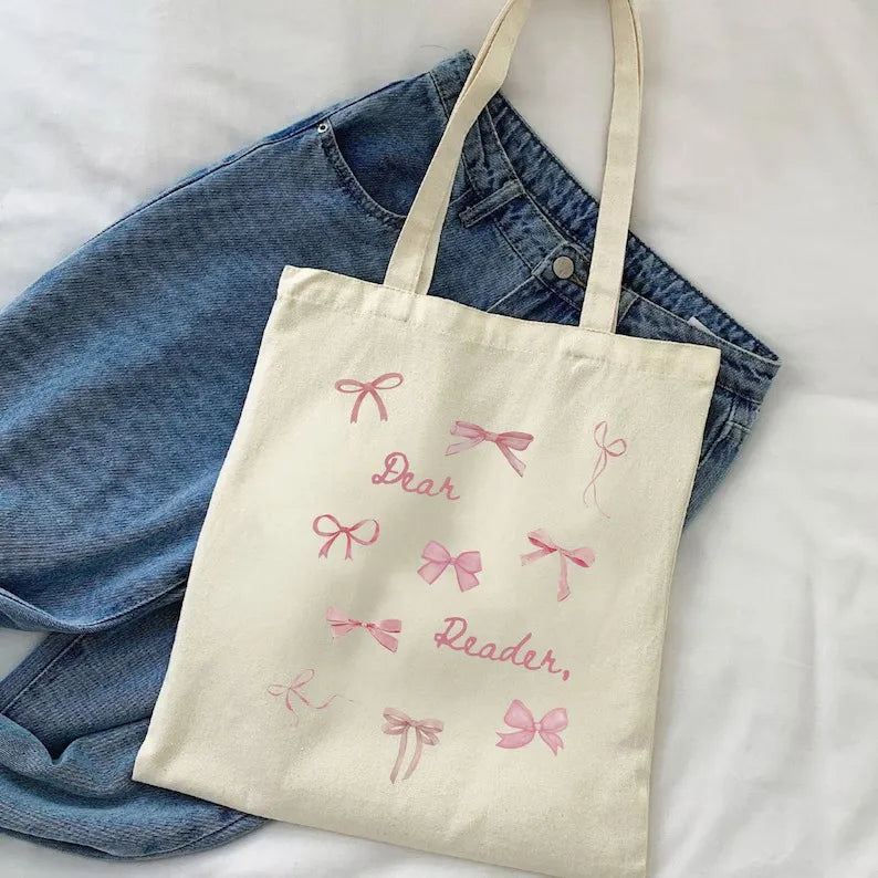Student Cute Butterfly Knot Printed Canvas Bag Single Shoulder Foldable Shopping Handbag Ladies Tote Bag
