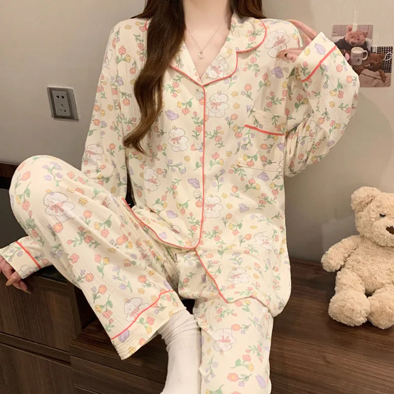 Sweet Girl Heart Print Open Cardigan Sleepwear Long Sleeve Crepe Home Clothes Set Spring New Style Casual Breathable Polyester