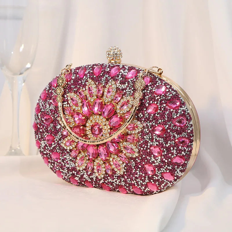 silver black rose red pu leather floral oval evening bags