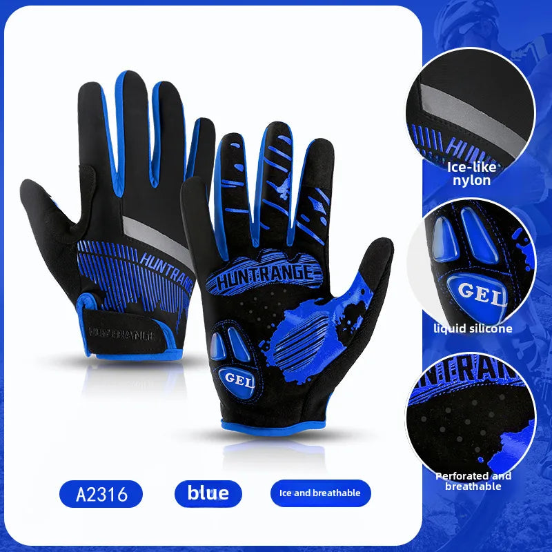 Outdoor Sports Bicycle Long Finger Gloves Touch Screen Nylon Breathable Liquid Silicone Shock Absorbing Spring and Summer Cycling Gloves