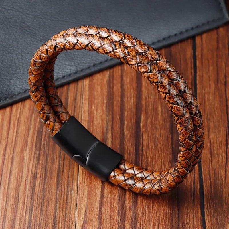 Vintage Style Classic Style Geometric Pu Leather Titanium Steel Woven Chain Wrap Bracelets Wholesale