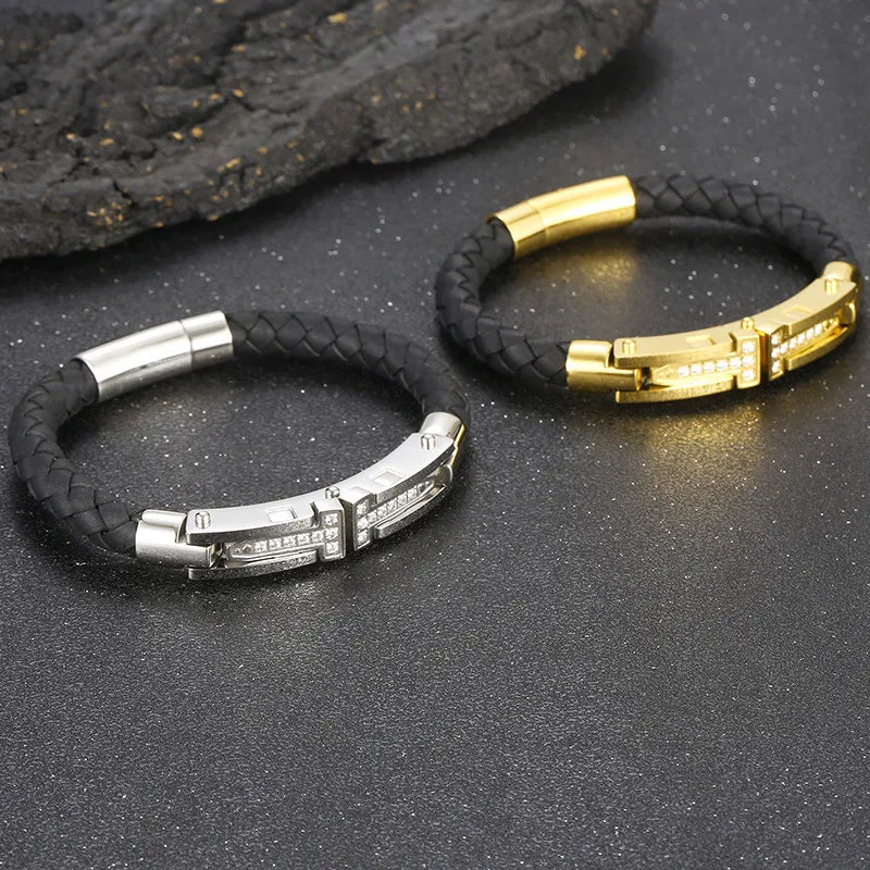 Hip-Hop Punk Geometric Color Block Titanium Steel Plating Inlay Rhinestones 18K Gold Plated Men's Bracelets