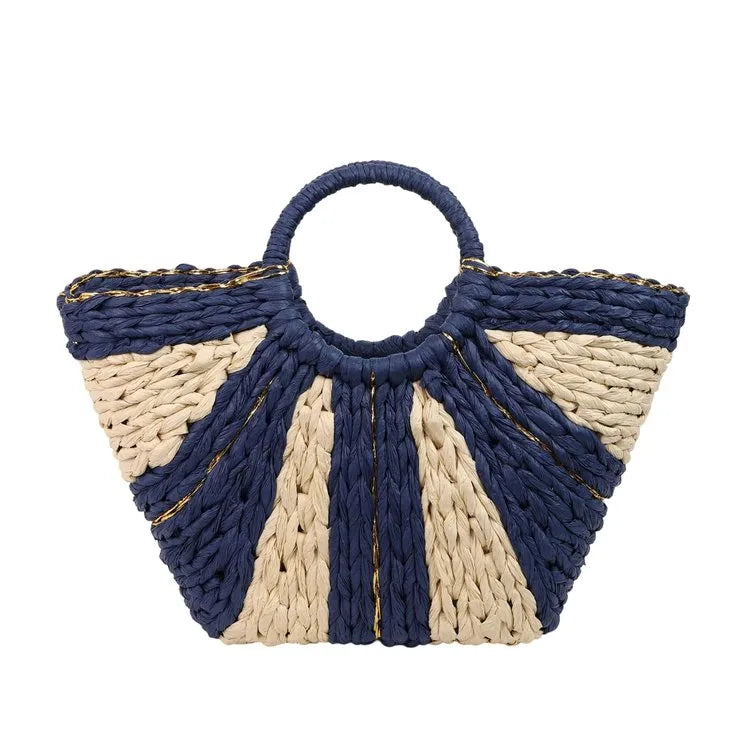 Women's Straw Color Block Vacation Bucket Open Handbag