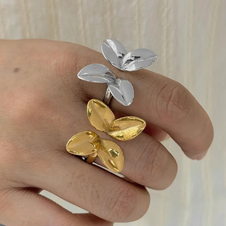 Wholesale Jewelry Elegant Romantic Petal 316 Stainless Steel  16K Gold Plated White Gold Plated Open Rings