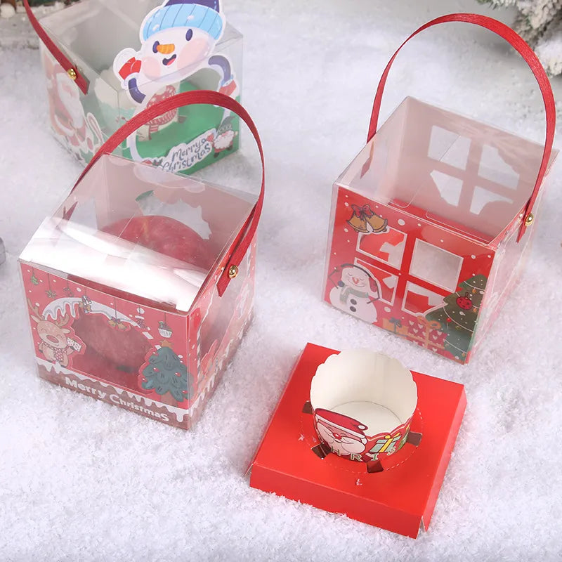 Transparent Square Christmas Baking Packaging Box Paper Cup Cake Box Cartoon Apple Box Children Gift Box Baking Supplies