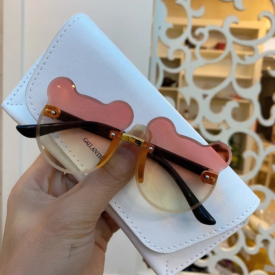 Fashion Cartoon Bear Children's Rimless Sunglasses with Colorful Gradient Cat Ear Design Cute Frameless Sunglasses