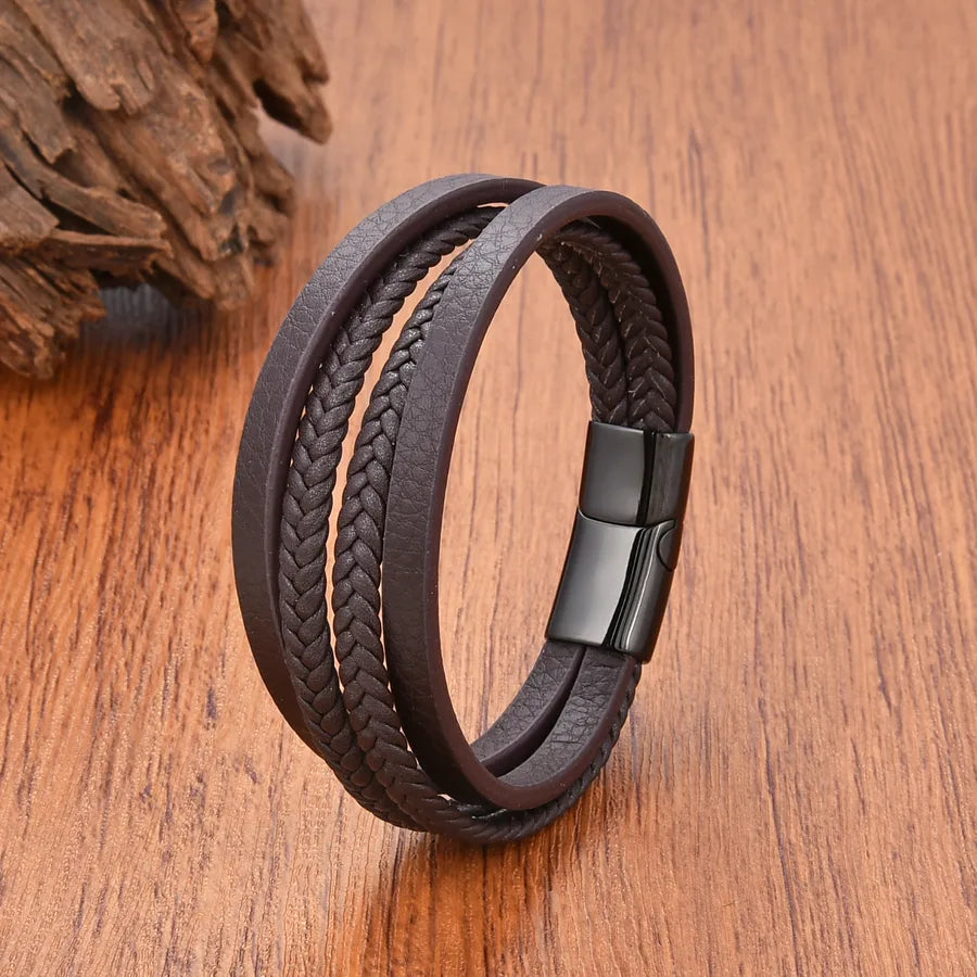 Casual Simple Style Classic Style Geometric 304 Stainless Steel Leather rope Layered Men's Bracelets