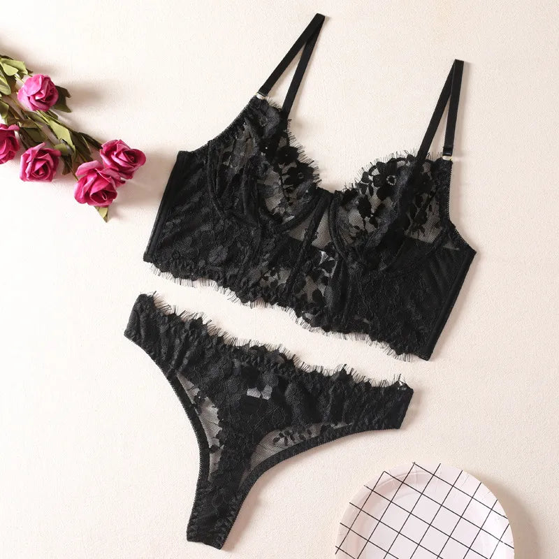 women's sexy flower sexy lingerie sets party see-through underwire bra low waist thong sexy lingerie
