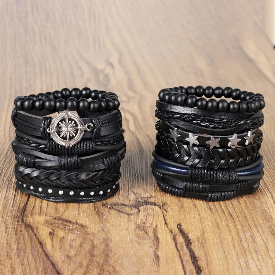Retro Solid Color Pu Leather Knitting Men's Bracelets