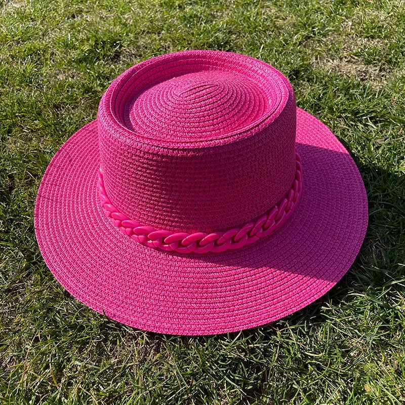 women's simple style solid color chain flat eaves sun hat