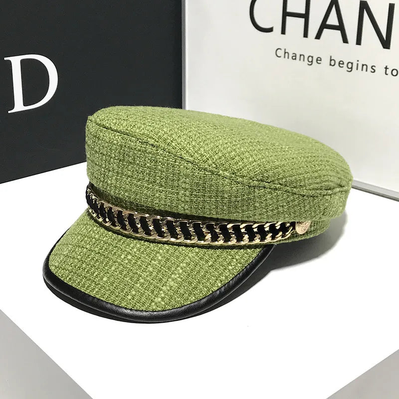 women's elegant business basic solid color chain curved eaves beret hat
