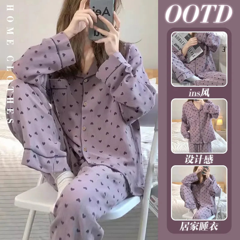 Purple Heart Sweet Style Women's Sleepwear Long Sleeve Home Clothes Spring Autumn High Sensation Dormitory Outdoor Wear Set