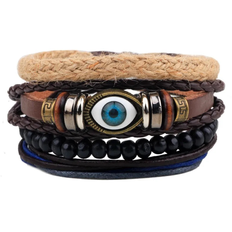 casual letter feather wings pu leather alloy beaded patchwork men's bracelets