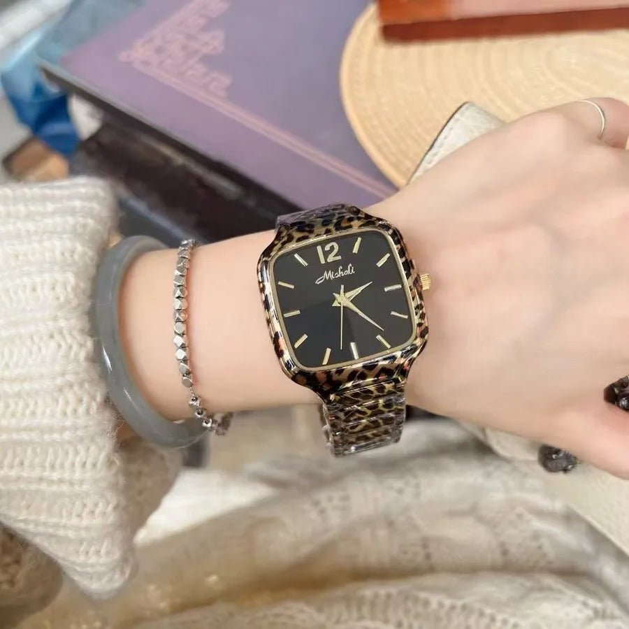 Mishali Square Large Dial Fashionable Women's Watch Stainless Steel Strap Leopard Print Casual Style Quartz Movement Mineral Glass