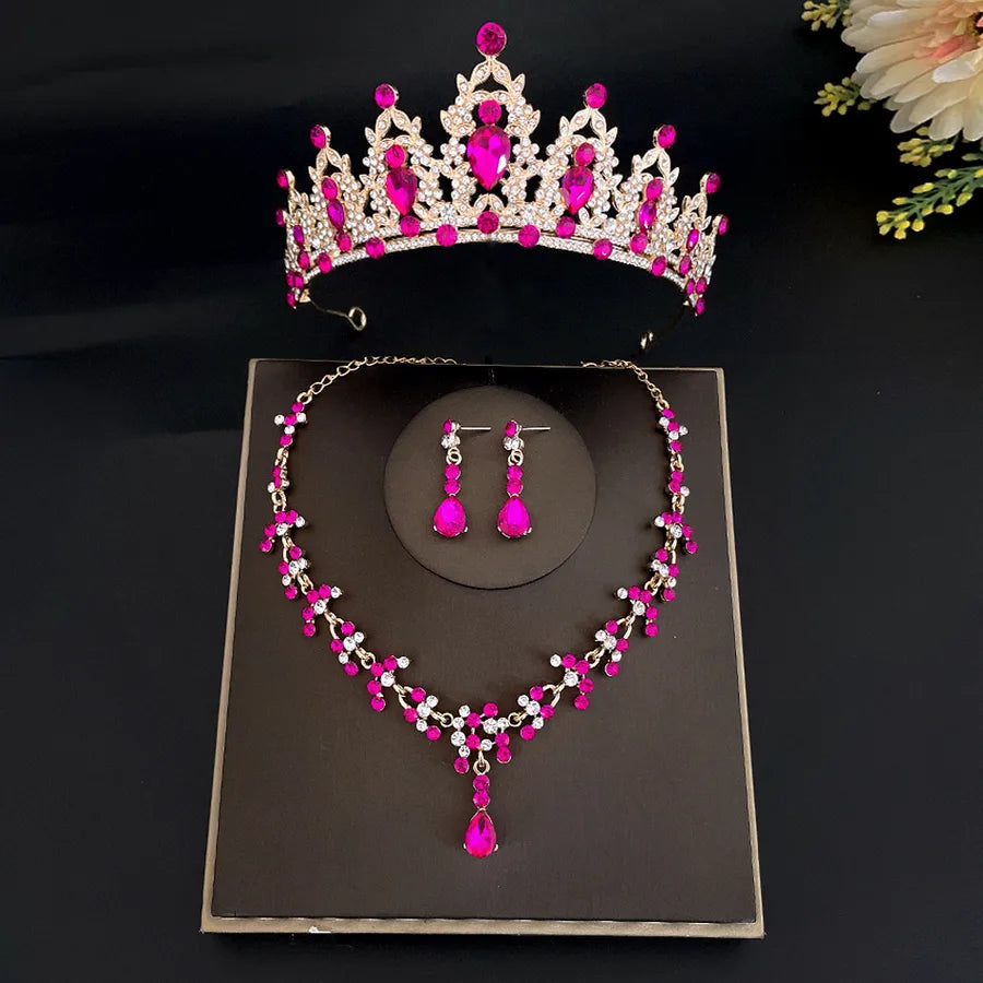 sweet water droplets heart shape alloy plating inlay rhinestones women's crown earrings necklace