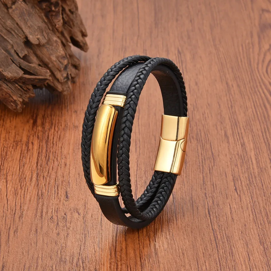 Vintage Style Geometric Leather rope Stone Metal Layered Magnetic Men's Bracelets