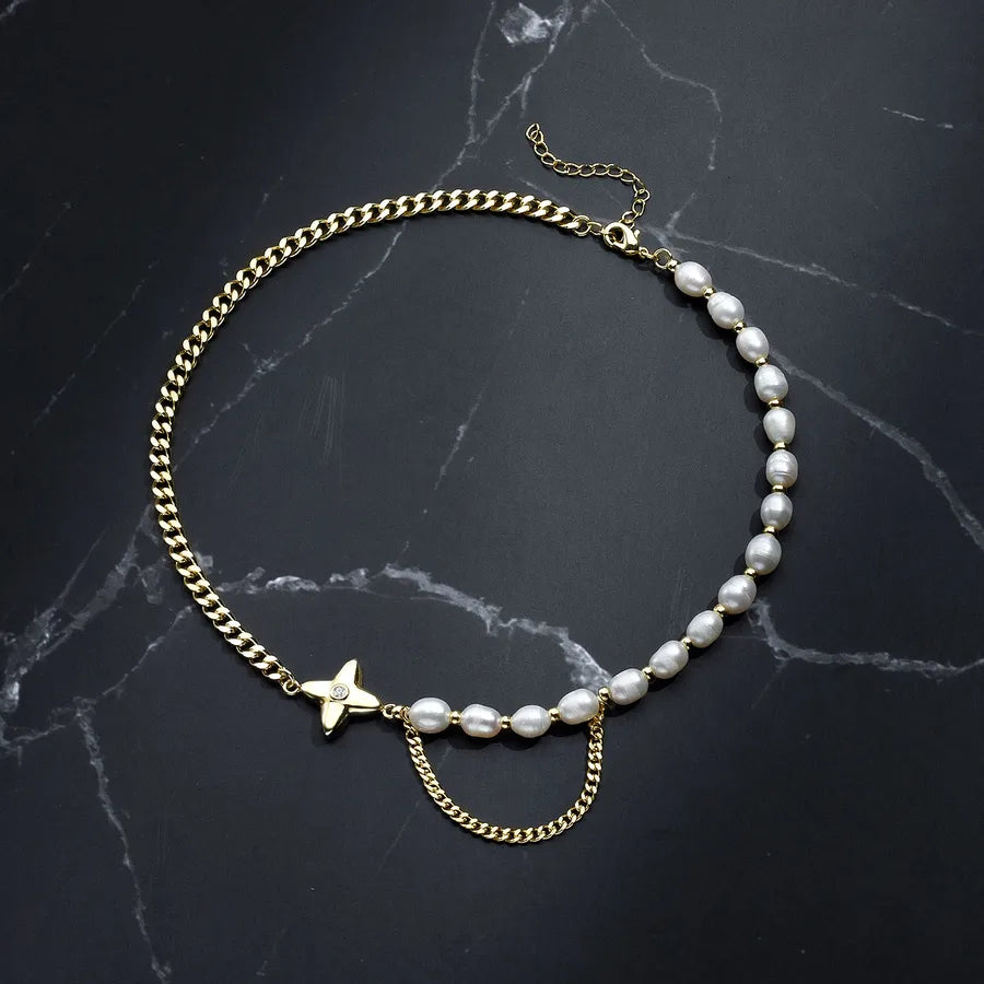 Freshwater Pearl Copper Long-Lasting Plated Freshwater Pearl Cuban Link Chain Curb Chain Asymmetrical Plating Geometric Star Pendant Necklace
