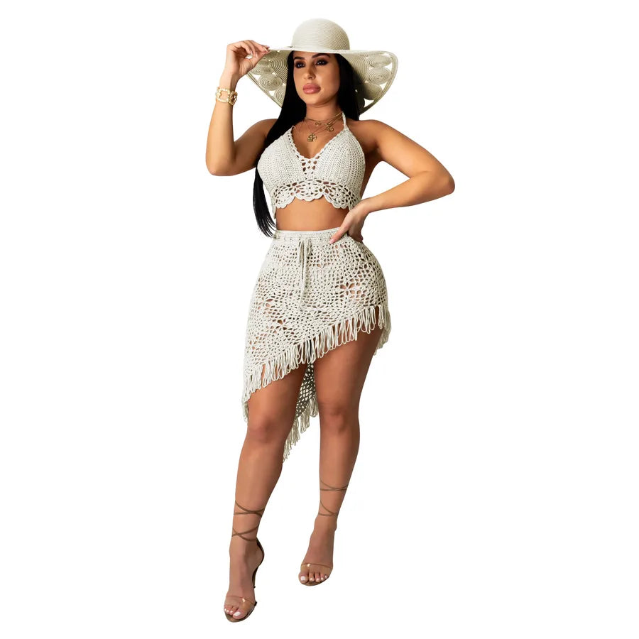 Holiday Daily Women's Sexy Solid Color Polyacrylonitrile Fiber Tassel Skirt Sets Skirt Sets